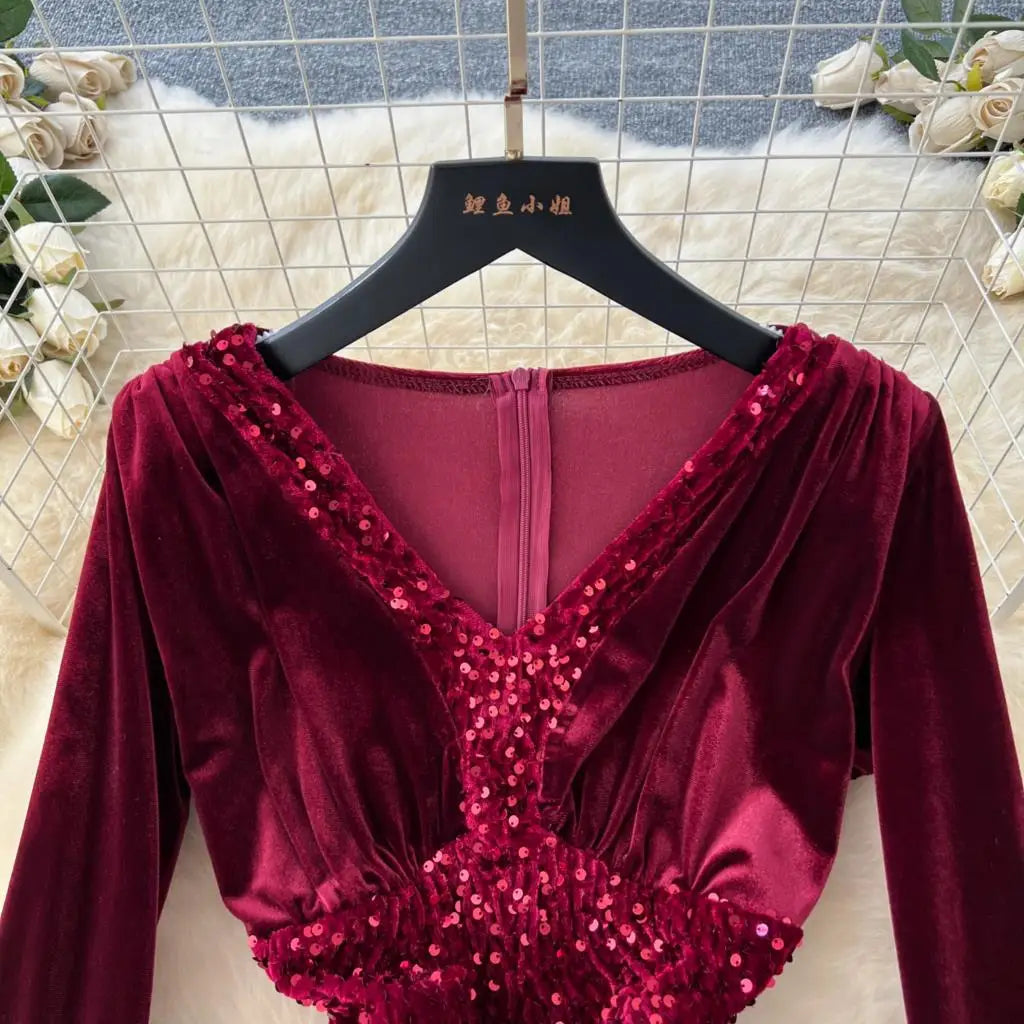 Women's Sexy Velvet Evening Gown Luxury Dresses V-Neck Flare Sleeve Split Long Dress Fashion Slim Robe Birthday Party Autumn New