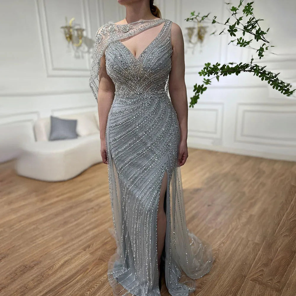 Luxury Champagne Split Evening Dresses 2024 Diamond Beaded Sleeveless Mermaid Formal Serene Hill LA70301