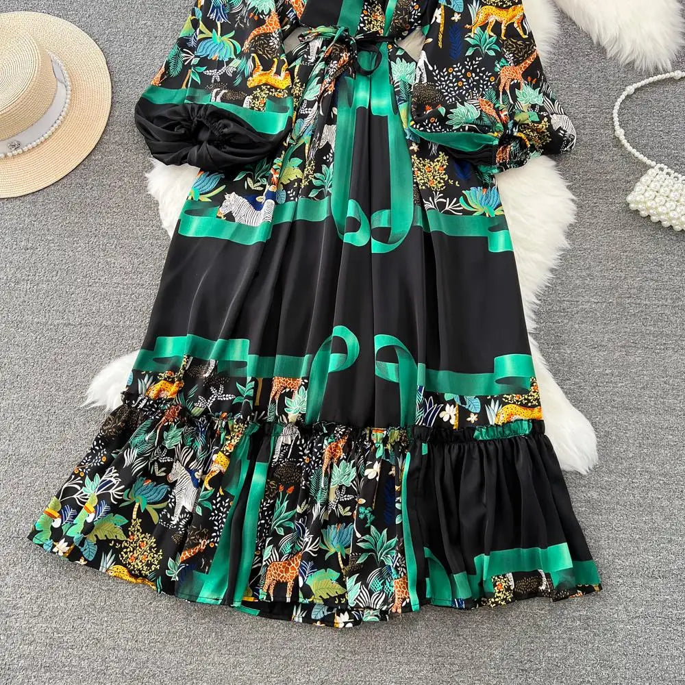 Women Casual A-Line Vintage Floral Long Dress Autumn Elegant Chic Party Boho Maxi Dresses Beach Holiday Female Vestidos New