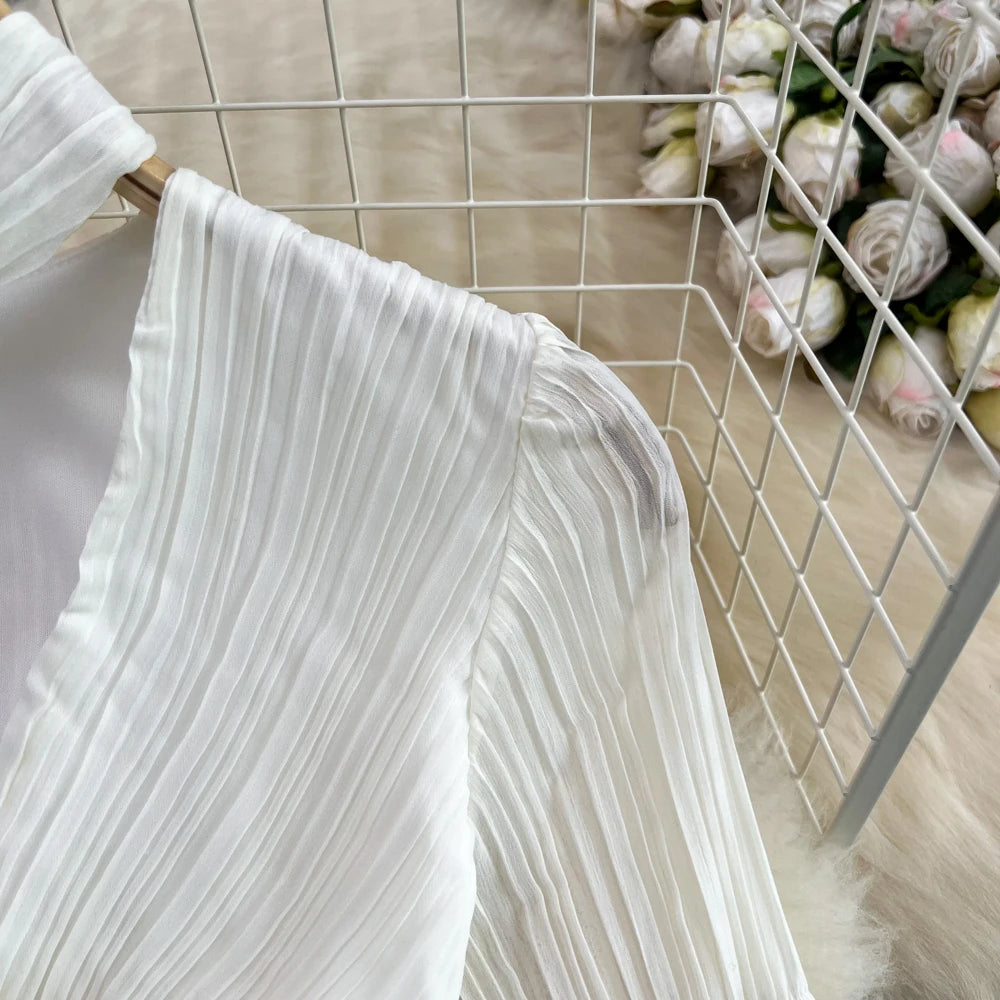 Autumn Solid Pleated Long Dresses for Women Halter V-Neck Flare Sleeve Wedding Party Dress Korean Fashion One Piece Vestidos New