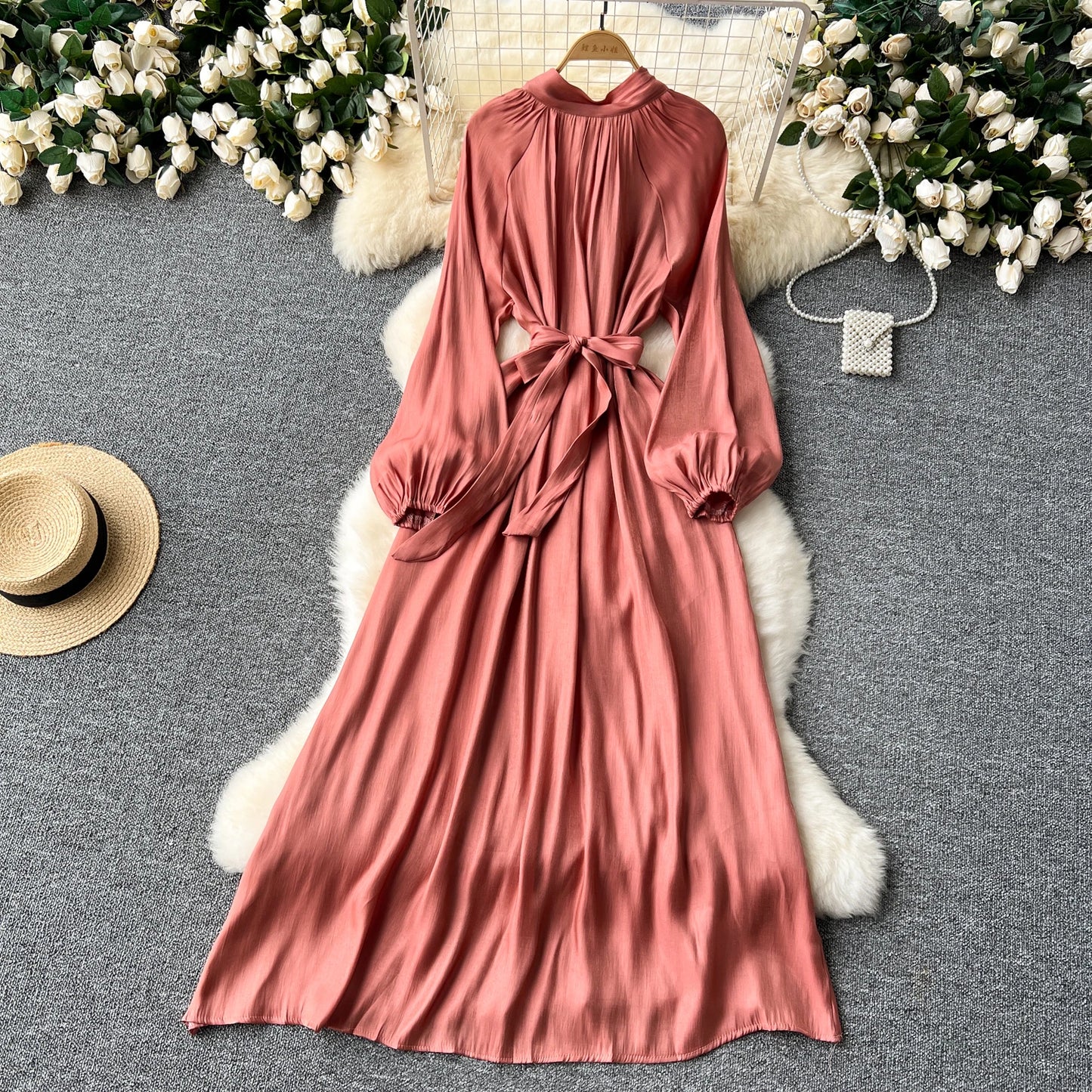 French Vintage Pleated lool sleeve print Lace-up Bow sweet Dress Casual Women Fashion summer dresses