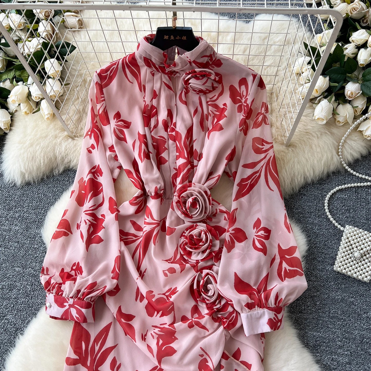 Chic French Sexy Pleated Floral Print Elegant Ruffle Dress Vintage Split Slim High Street Evening Women Autumn Winter Clothing
