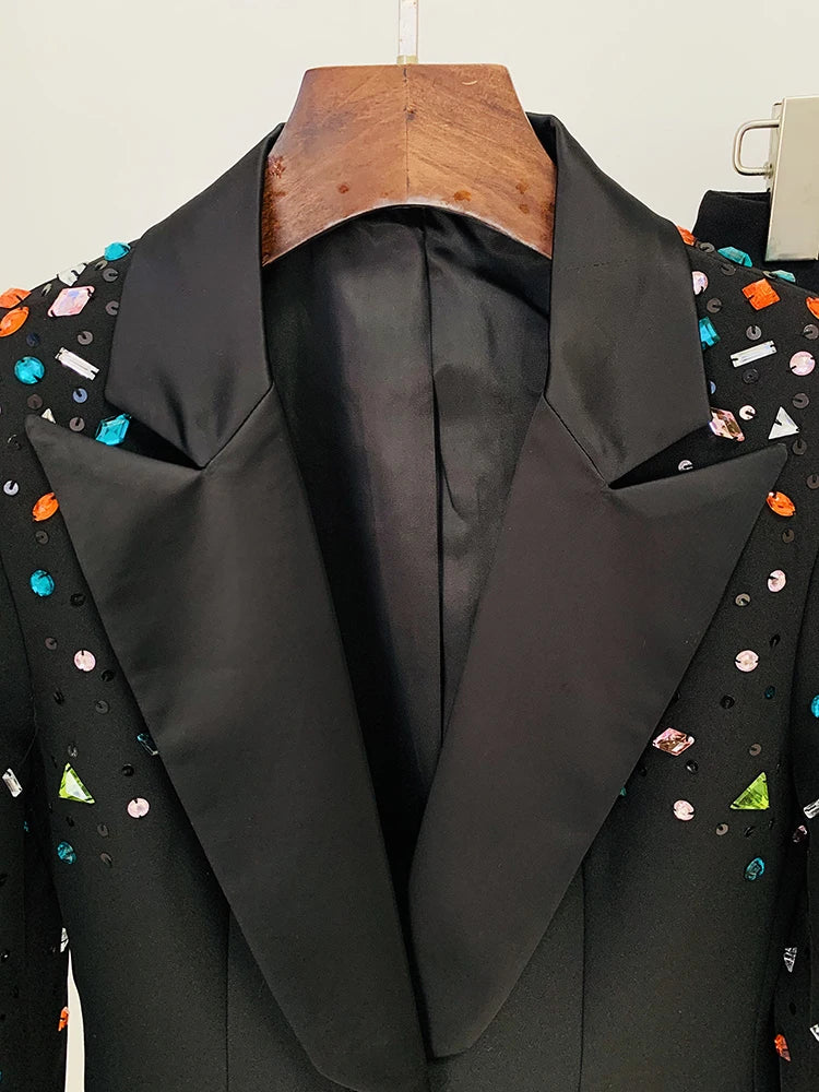 HIGH STREET Newest 2024 Designer Runway Fashion Suit Set Women's Slim Fitting Strass Diamonds Beaded Blazer Pants Set