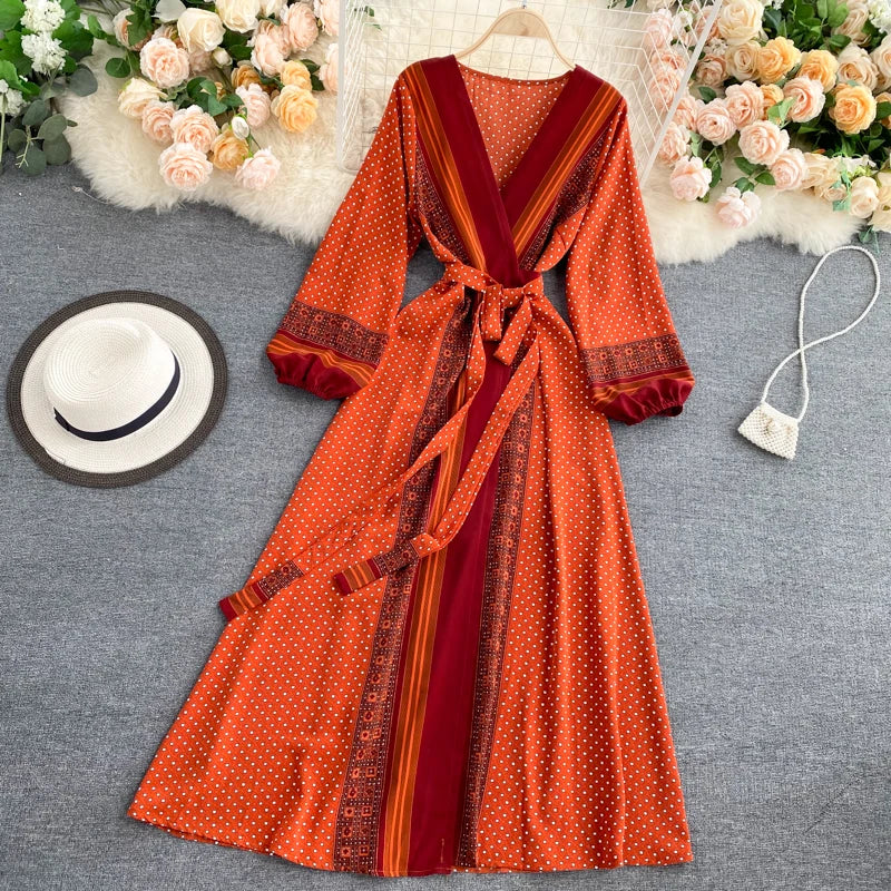 Vintage Print Elegant Puff Sleeve One Piece Dress A-line Lace-up Beach Vacation Midi Dress Women Fashion Spring Autumn Vestidos