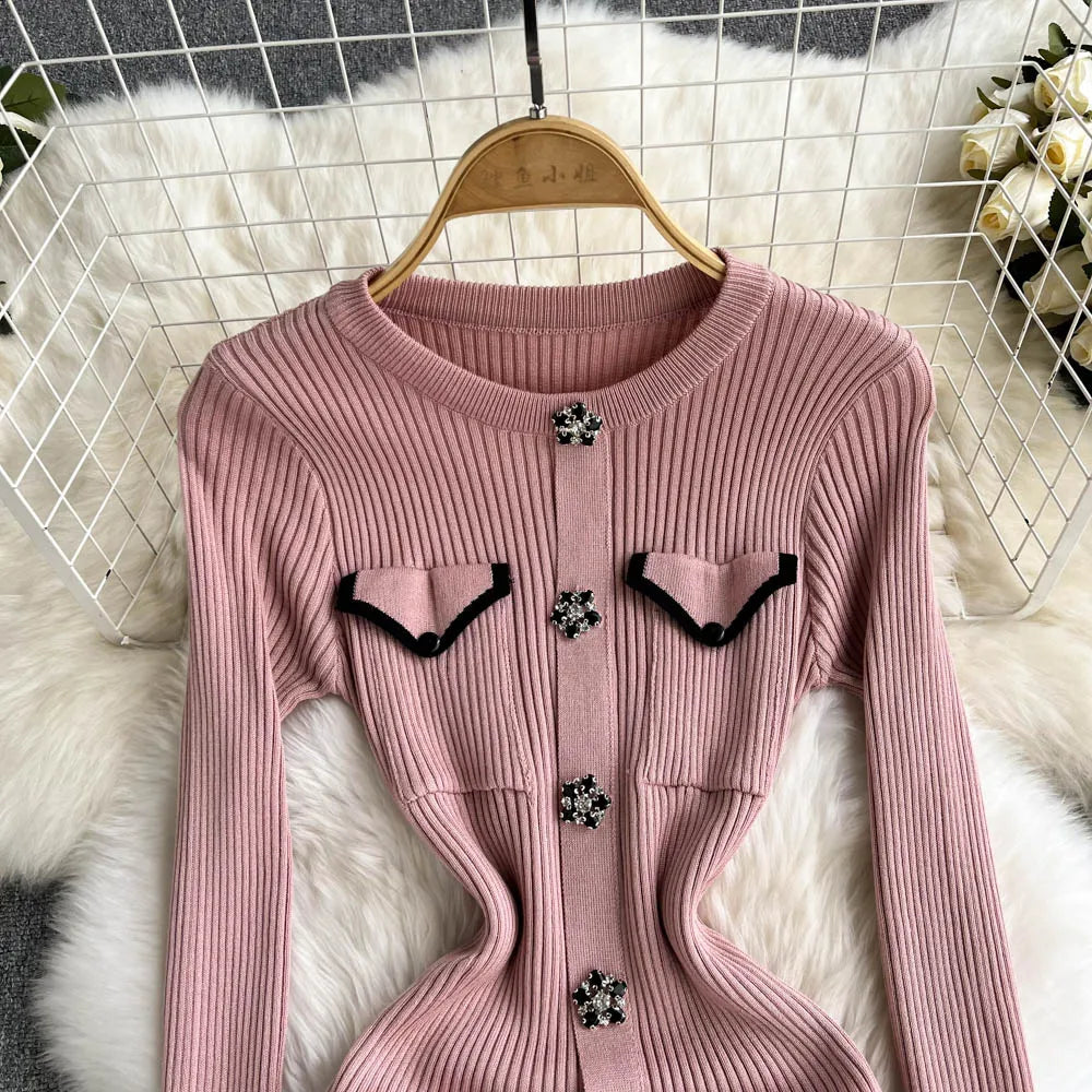 Women Elegant Chic Long Sleeve Sexy Slim Bodycon Dress Vintage Korean Fashion Knit Tight Vestido Autumn Winter Sweater Robe