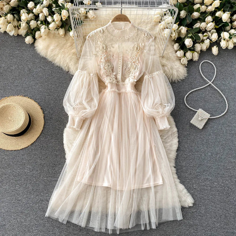 Retro Elegant Mesh Pleated two pieces Dress sets Sexy Fairy puff sleeve Summer Casual Vestidos Slim Women Evening Party Dress