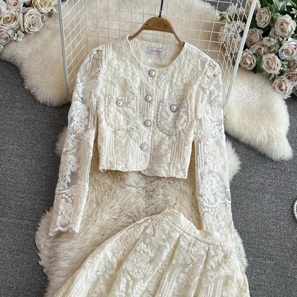 High Quality Floral Embroidery Two Piece Sets Women Suits Elegant OL Long Sleeve Shirt Mid Skirts 2 Piece Outfits Female