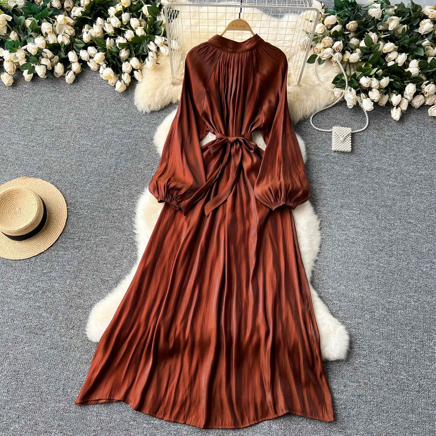 French Vintage Pleated lool sleeve print Lace-up Bow sweet Dress Casual Women Fashion summer dresses