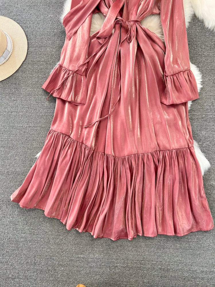 Elegant and Chic Solid Evening Dresses for Women Fashion New Bow Lace Up Flare Long Sleeve A-Line Vestidos Autumn Female Clothes