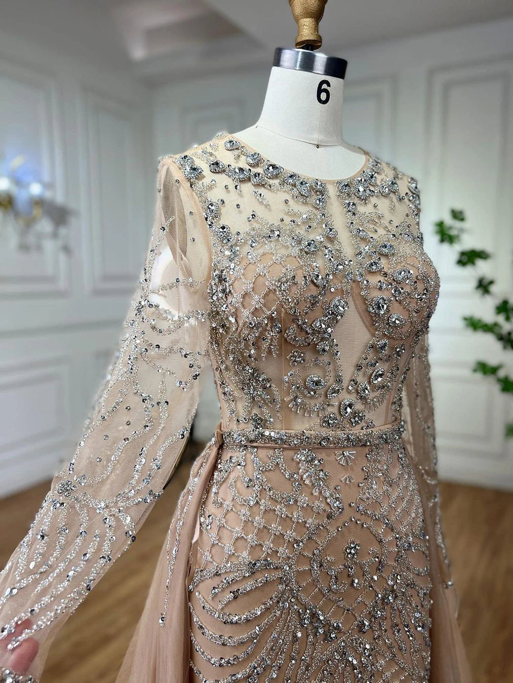 Serene Hill Muslim Silver Nude Mermaid Gown with Detachable Overskirt Beaded Evening Dress for Women Wedding Party 2024 LA71919