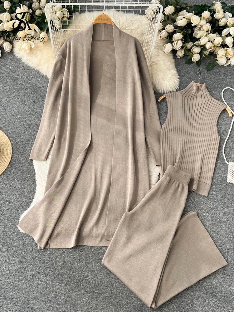 SINGREINY Winter Casual Knitted Three Pieces Suits Women Long Sleeve Cardigans+Turtleneck Knit Tank Top+Warm Long Pant Sets