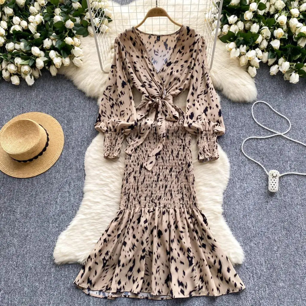 Women Casual Vintage Print Ruffle Long Dress Autumn Elegant V Neck Lantern Sleeve Party Mermaid Dresses Holiday Female Mujer New