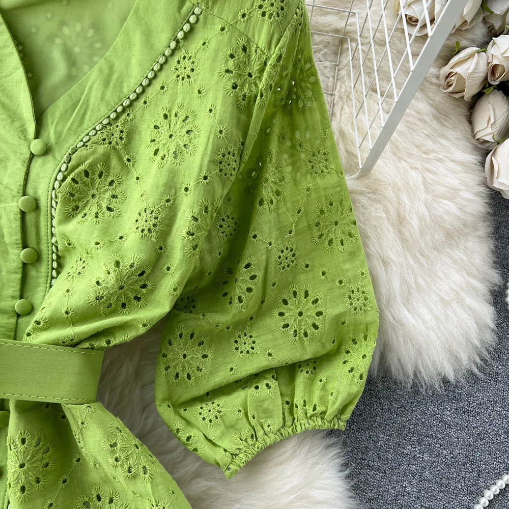 Summer V-neck Hollow Out Dress Women Bubble Sleeves Loose Embroidered Ruffle Edge Long Dresses Ladies Elegant Casual Long Robe