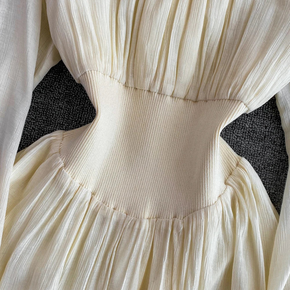 Elegant Sweet Princess Party Dress Women High Waist A-Line Lace Up Autumn French Vintage Prom Robe One Piece Vestidos Mujer New