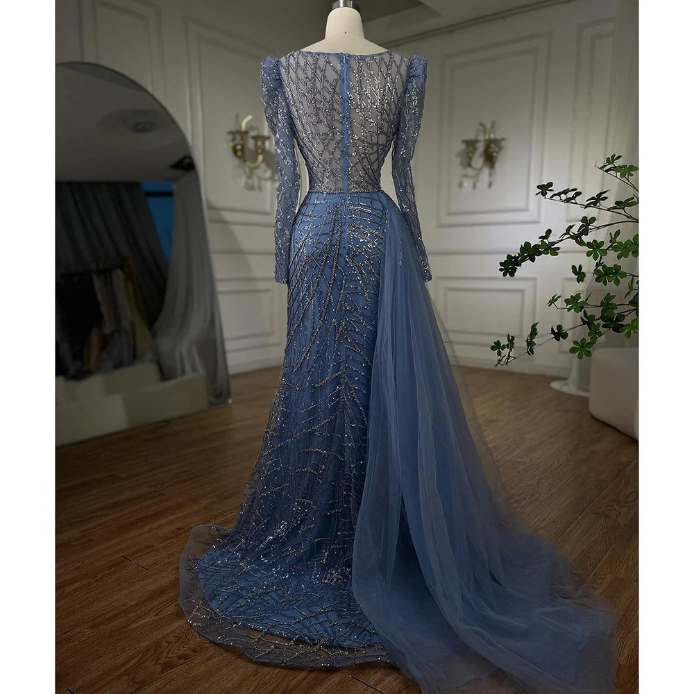 Serene Hill Muslim Gold Mermaid Beaded Luxury Dubai Evening Dresses Gowns With Overskirt 2024 For Women Party LA72206