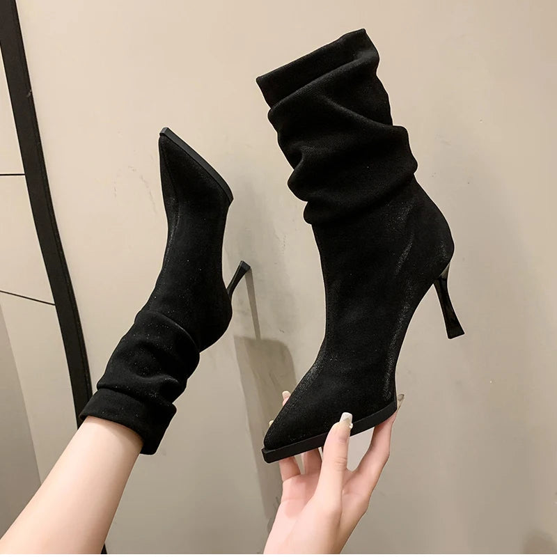 High Heel Women Pleated Ankle Boots Fashion Pointed Toe Slip On Shoes Dancing Party Dress Short Botas De Mujer