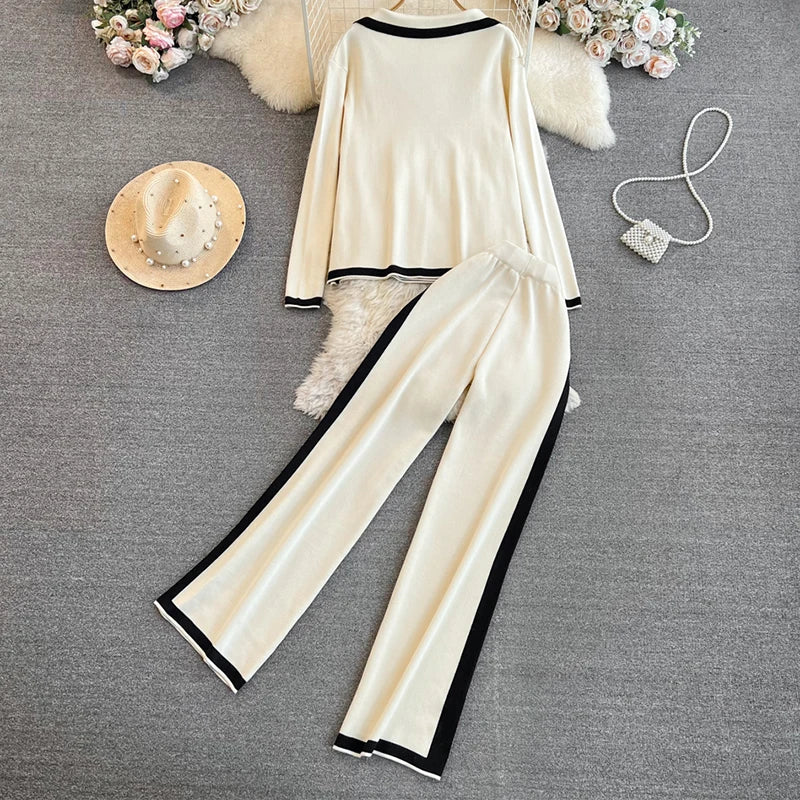 Women Fall Contrast Color Two-piece Set Double-breasted Turndown collar Long Sleeved Top and High Waist Straight Pants Knit Suit