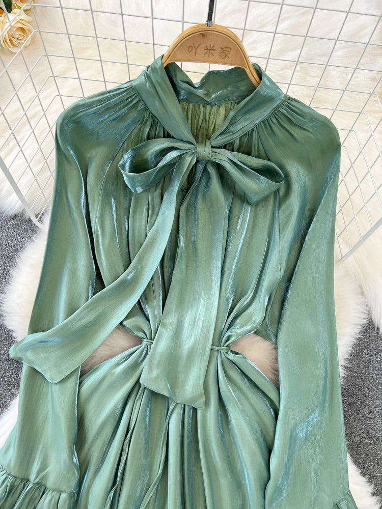Elegant and Chic Solid Evening Dresses for Women Fashion New Bow Lace Up Flare Long Sleeve A-Line Vestidos Autumn Female Clothes