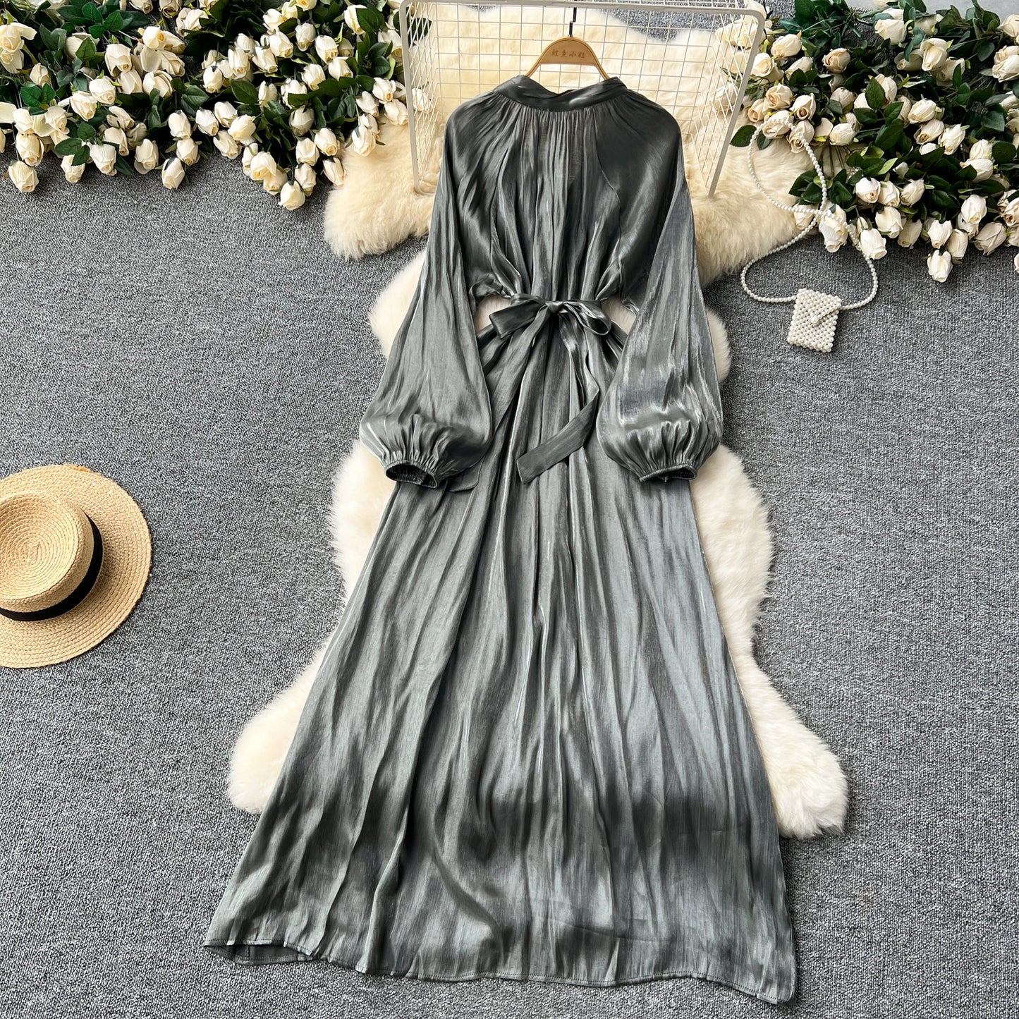 French Vintage Pleated lool sleeve print Lace-up Bow sweet Dress Casual Women Fashion summer dresses