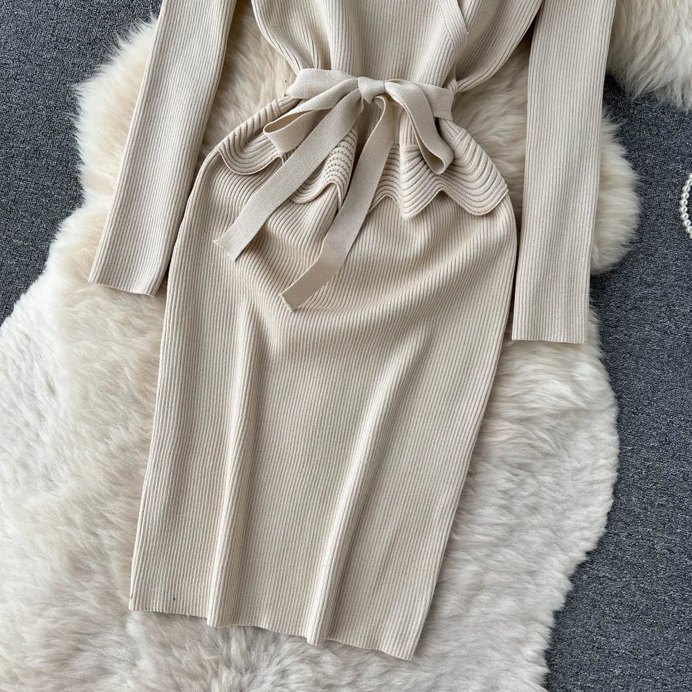 Women Long Sleeve V Neck Sexy Knit Bodycon Dress Chic Vintage Lace Up French Fashion Vestidos Party Elegant Fashion Dresses Y2k