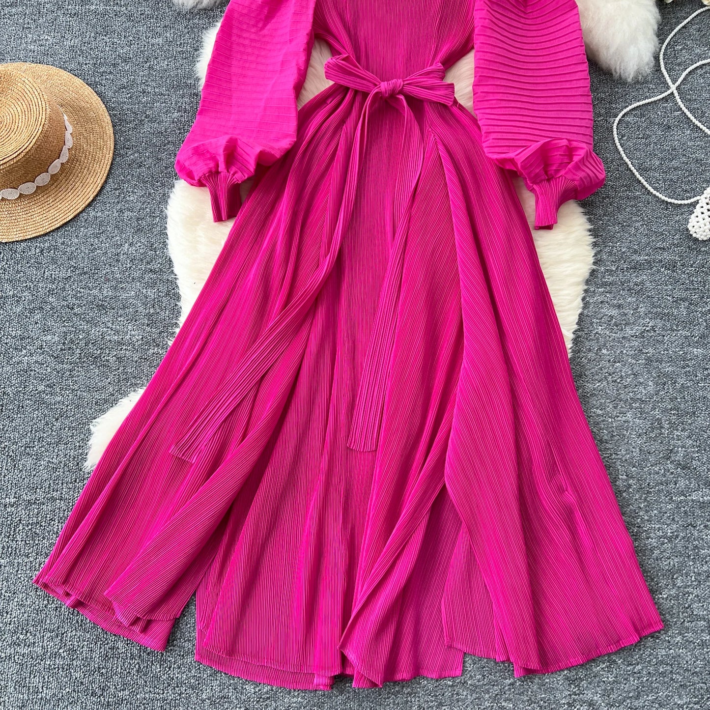Vintage Elegant Lantern Sleeve Sweet Pleated Dress Women Basics Fashion Summer Spring Dresse