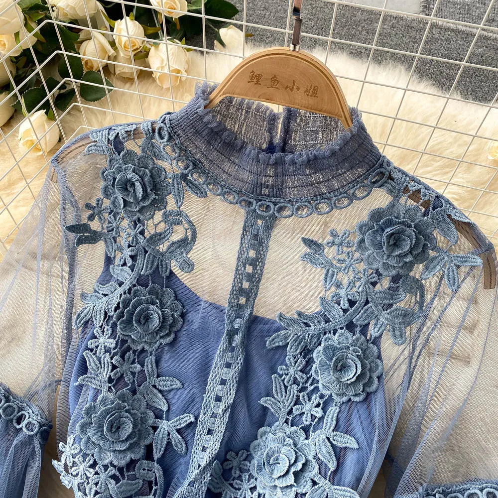 Retro Elegant Mesh Pleated two pieces Dress sets Sexy Fairy puff sleeve Summer Casual Vestidos Slim Women Evening Party Dress