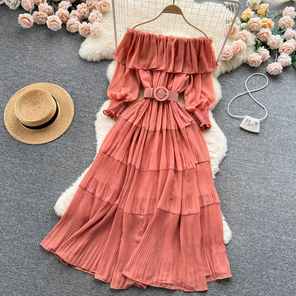 Vintage Pleated Slash Neck Off Shoulder High Waist Dress Long Sleeve Dress Chic Summer Beach Vestidos Women Vacation Sundress
