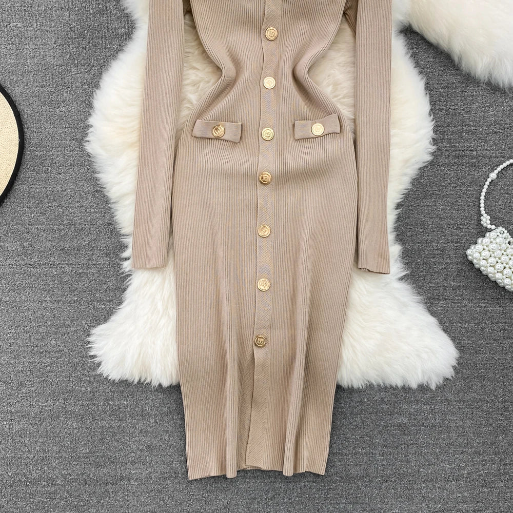 Sexy Split V-neck Long Sleeve Bodycon Dress Chic Elegant Evening Party French Fashion Knit Vestidos Women Autumn Pencil Dress