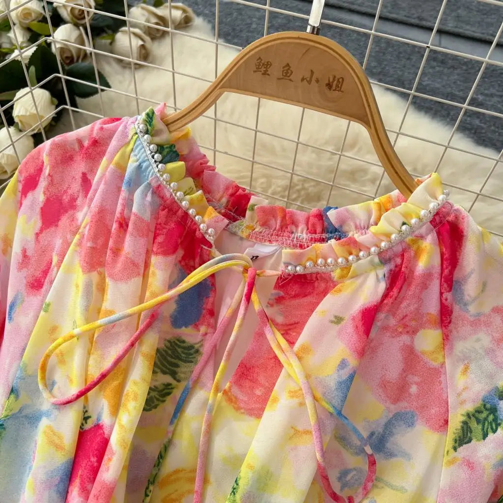 Elegant Floral Print Party Dress for Women French O-Neck Embroidered Flares Lace Up Lantern Long Sleeves Chiffon Long Dresses