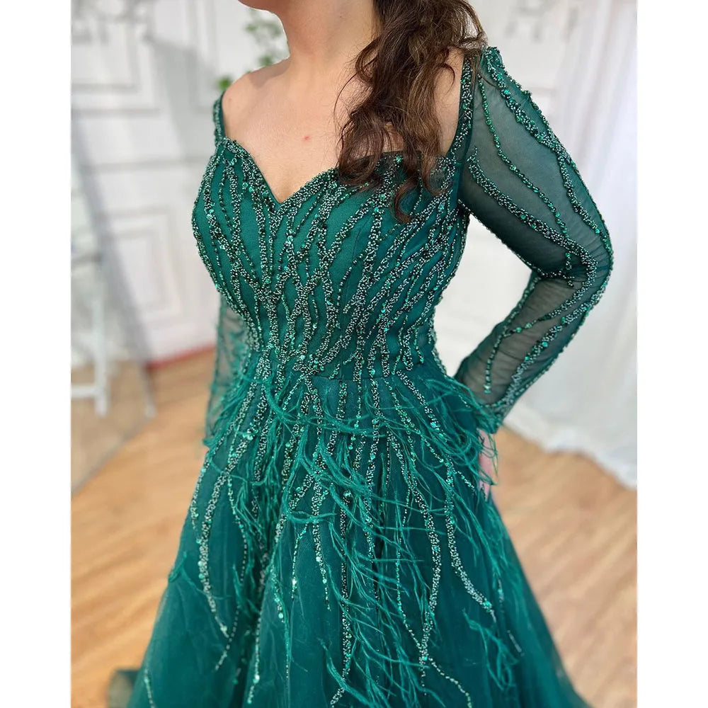 Serene Hill Arabic Red Elegant A Line For Women Long Sleeves Evening Dress Luxury Beaded Handmade Feathers 2024 LA71468