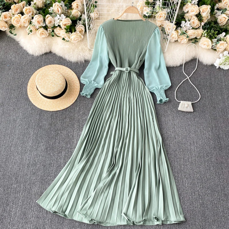 Chic Pleated Elegant Puff Sleeve Dress A-line Chiffon High Waist Belt Beach Vacation Party Dress Women Summer Spring Vestidos