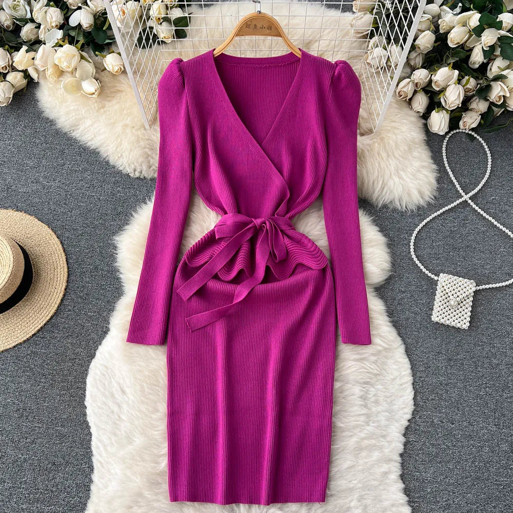 Women Long Sleeve V Neck Sexy Knit Bodycon Dress Chic Vintage Lace Up French Fashion Vestidos Party Elegant Fashion Dresses Y2k