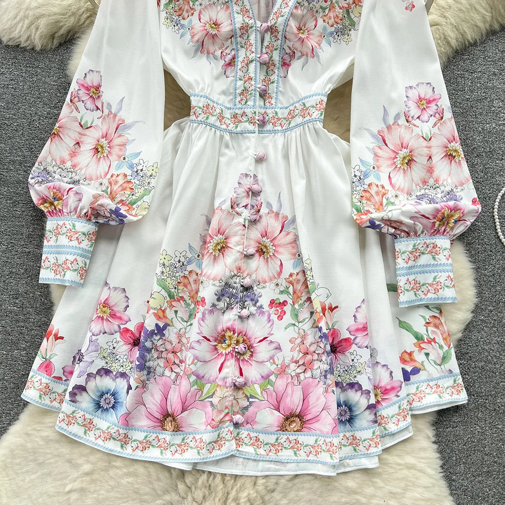Spring Dresses 2024 Women Fashion Elegant Vintage Floral Print Dress V Neck Front Button Up Long Sleeve Holiday Mini Dress Woman