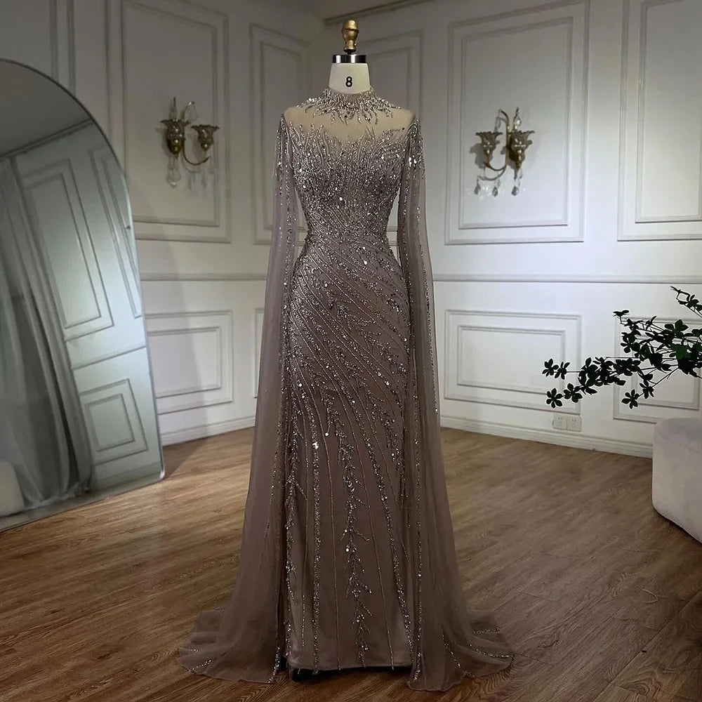 Serene Hill 2024 Nude Cape Sleeves Mermaid Lace Beaded Luxury Dubai Long Evening Dresses Gowns for Women Wedding Party BLA71885A