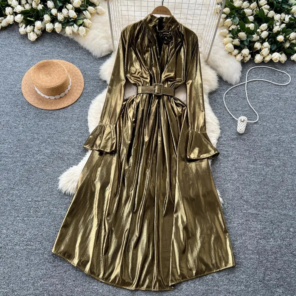 Autumn Vintage Pleated Women Long Dress Elegant Stand Collar Solid A-Line Party Prom Vestidos Female Birthday Clothes Mujers