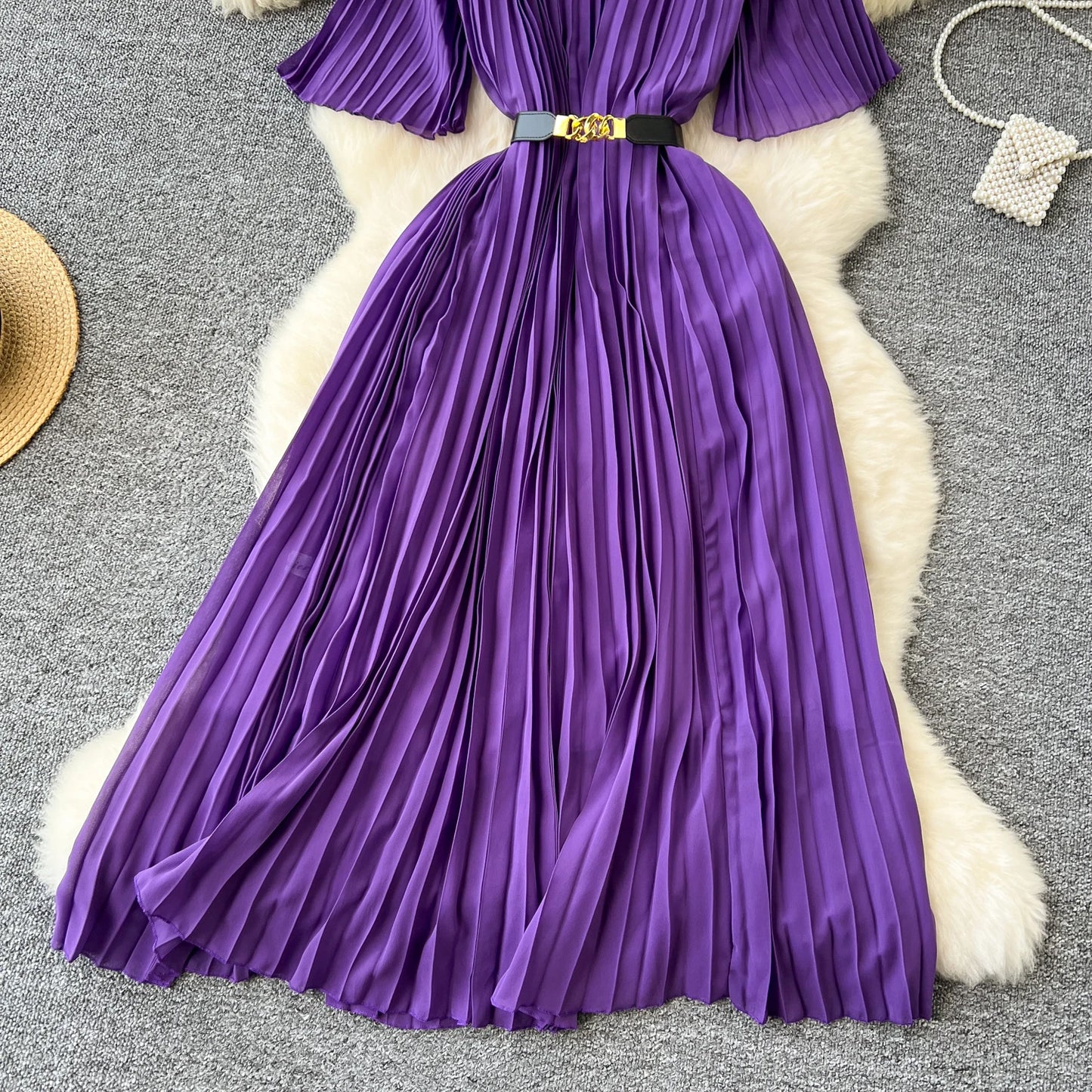 French mesh PATCHWORK Three-dimensional flower Sweet Dress Women Summer Waist Cinching pleated chiffon Dresses