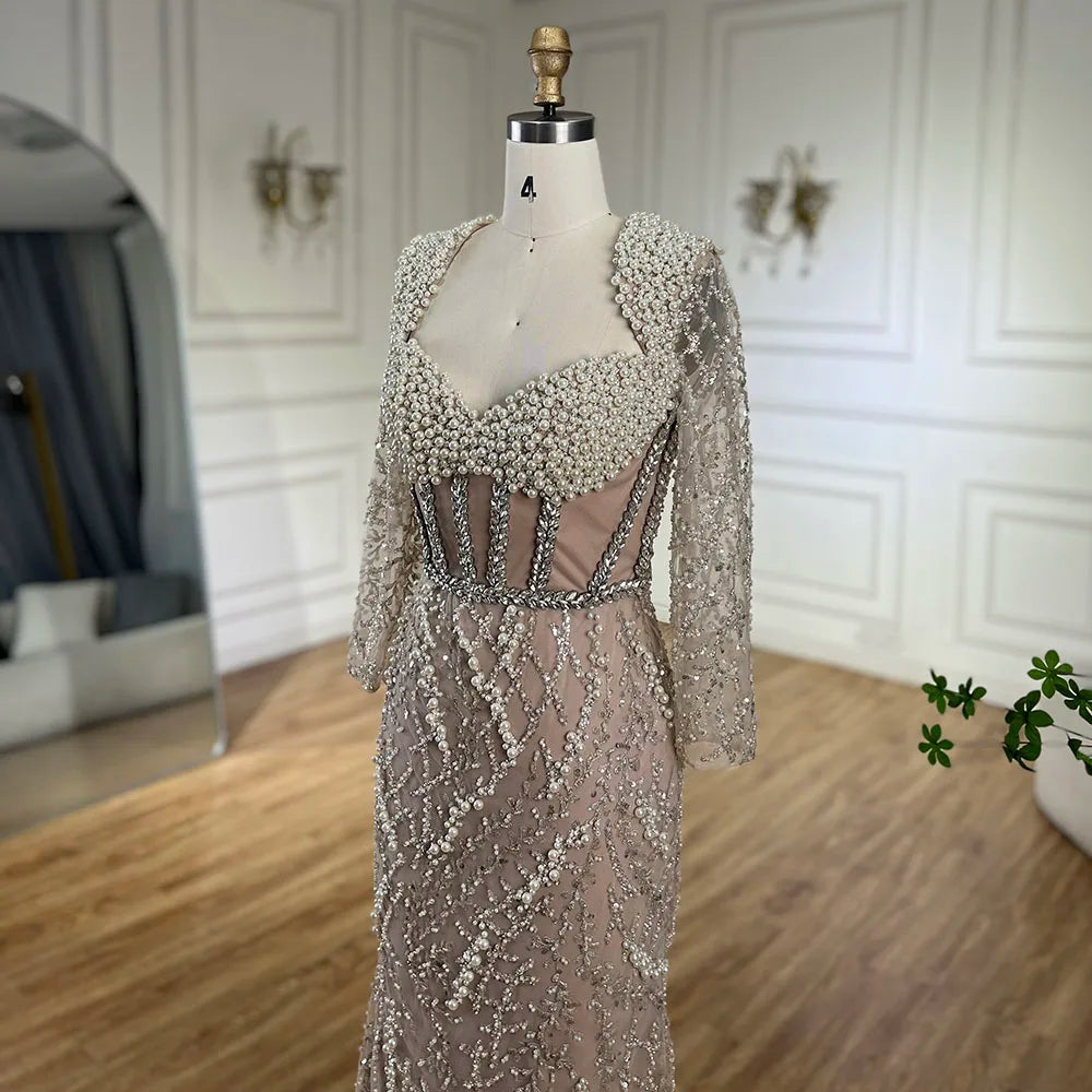 Serene Hill Dubai Luxury Pearls Beaded Nude Elegant Arabic Mermaid Evening Dress for Women - Wedding Party 2024 LA72361