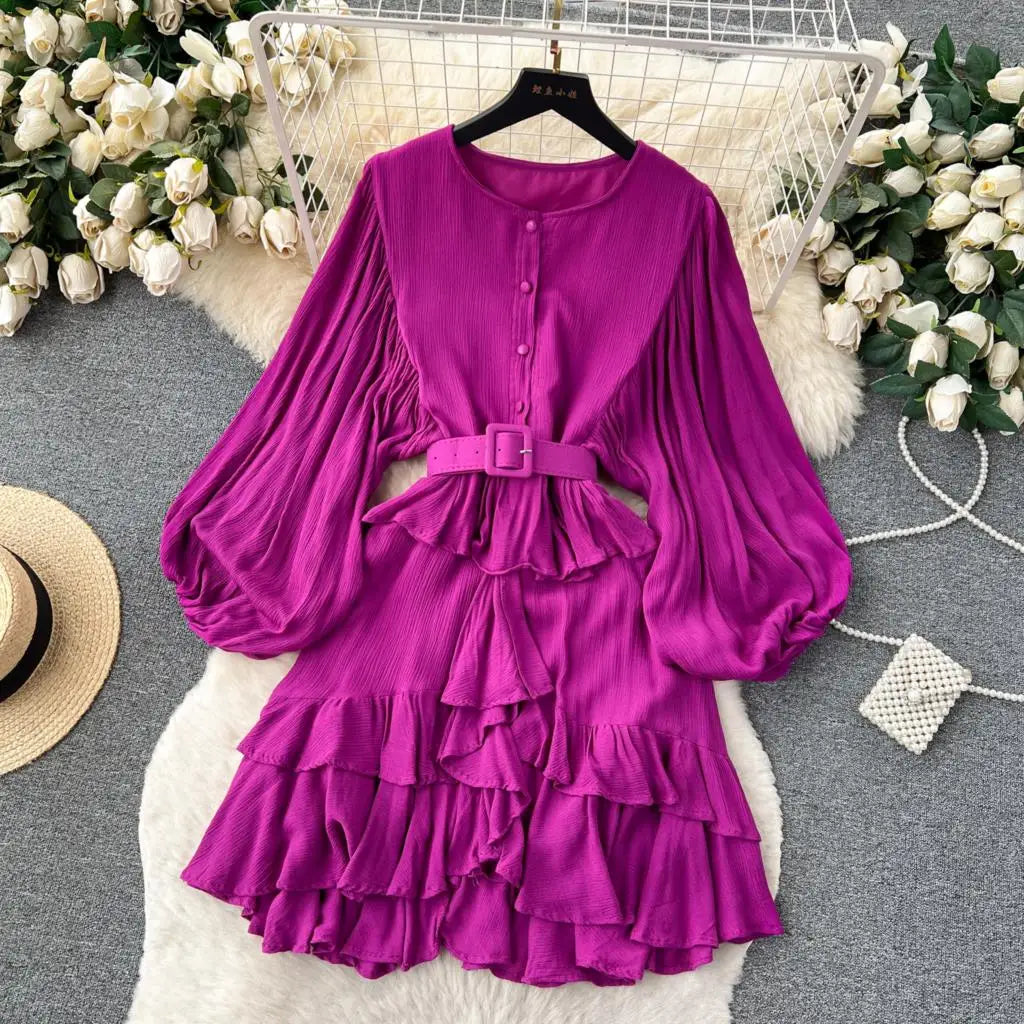 Vintage Puff Sleeve Ruffle Dress Women O-Neck A-Line Elegant Casual Party Prom Dresses Korean Autumn Fashion Female Vestidos New