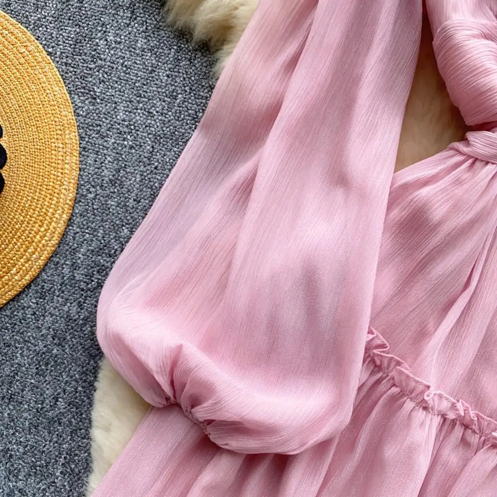 Elegant Tassel Beaded Lantern Sleeve Midi Dress Women French Stand Collar Slim A-Line Pleated Female One Piece Casual Mujer New