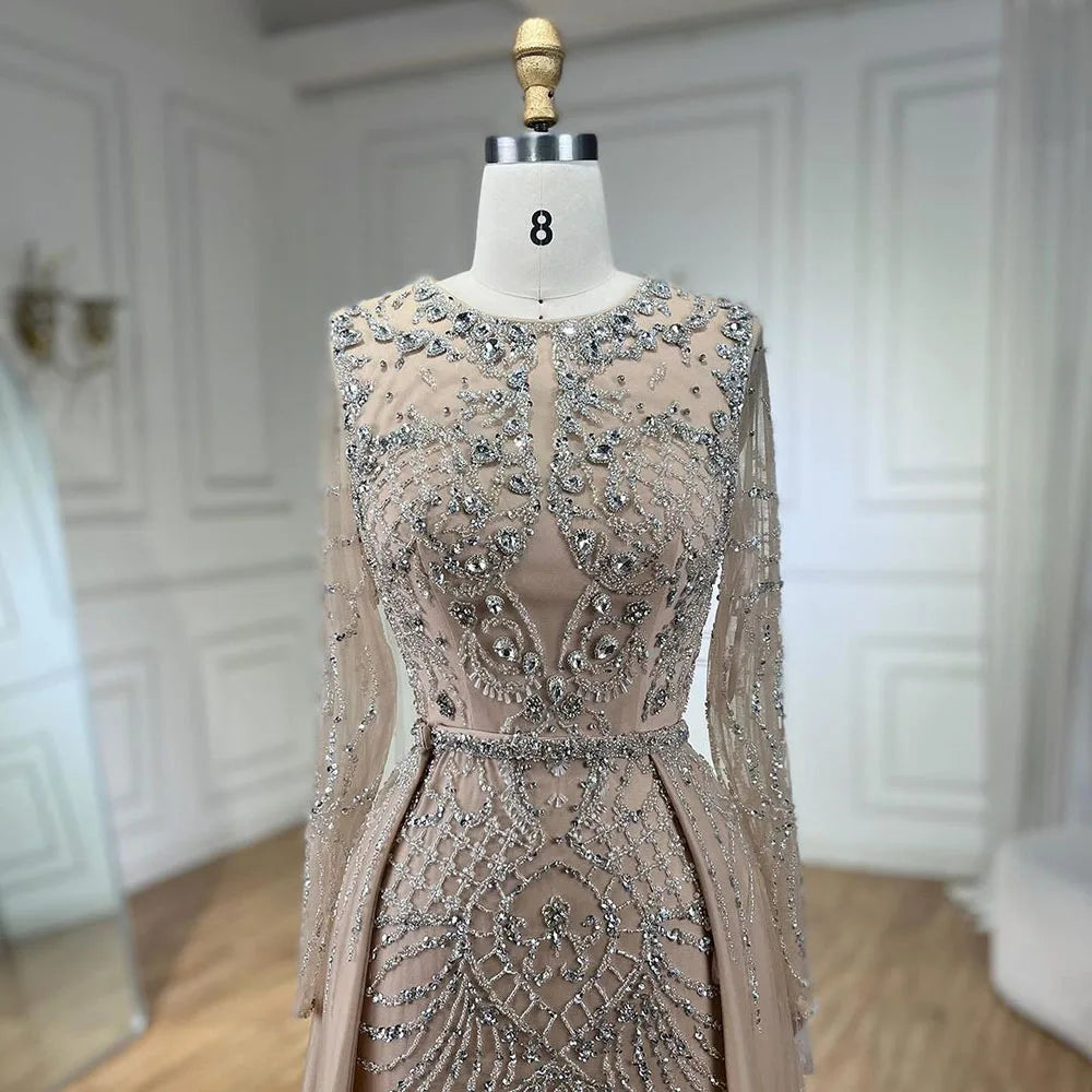 Serene Hill Muslim Silver Nude Mermaid Gown with Detachable Overskirt Beaded Evening Dress for Women Wedding Party 2024 LA71919