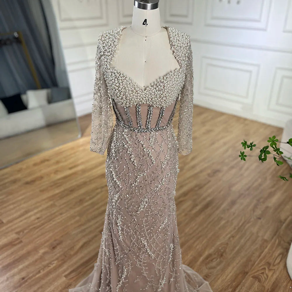 Serene Hill Dubai Luxury Pearls Beaded Nude Elegant Arabic Mermaid Evening Dress for Women - Wedding Party 2024 LA72361