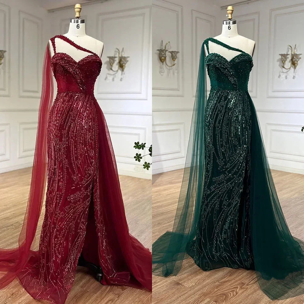 SERENE HILL 2024 Green One Shoulder Mermaid Evening Dresses With Cape Sideskirt Luxury Gown For Women Wedding Party GLA72472