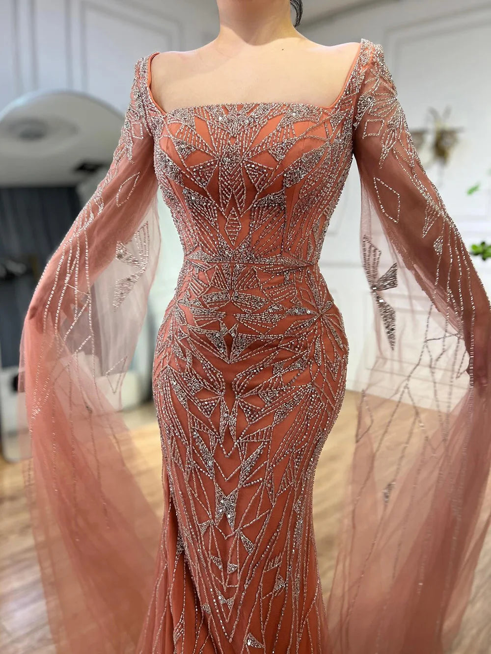 Serene Hill Arabic Pink Cape Sleeves Mermaid Dubai Evening Dresses Beaded Luxury Wedding Party Gowns For Women 2024 LA72261