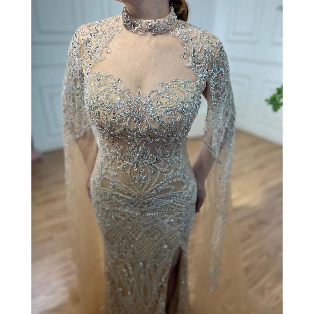 Serene Hill Nude Mermaid Elegant Sexy High Collar Cape Sleeves Luxury Beaded Evening Dresses Gowns 2024 For Women Party GLA71747