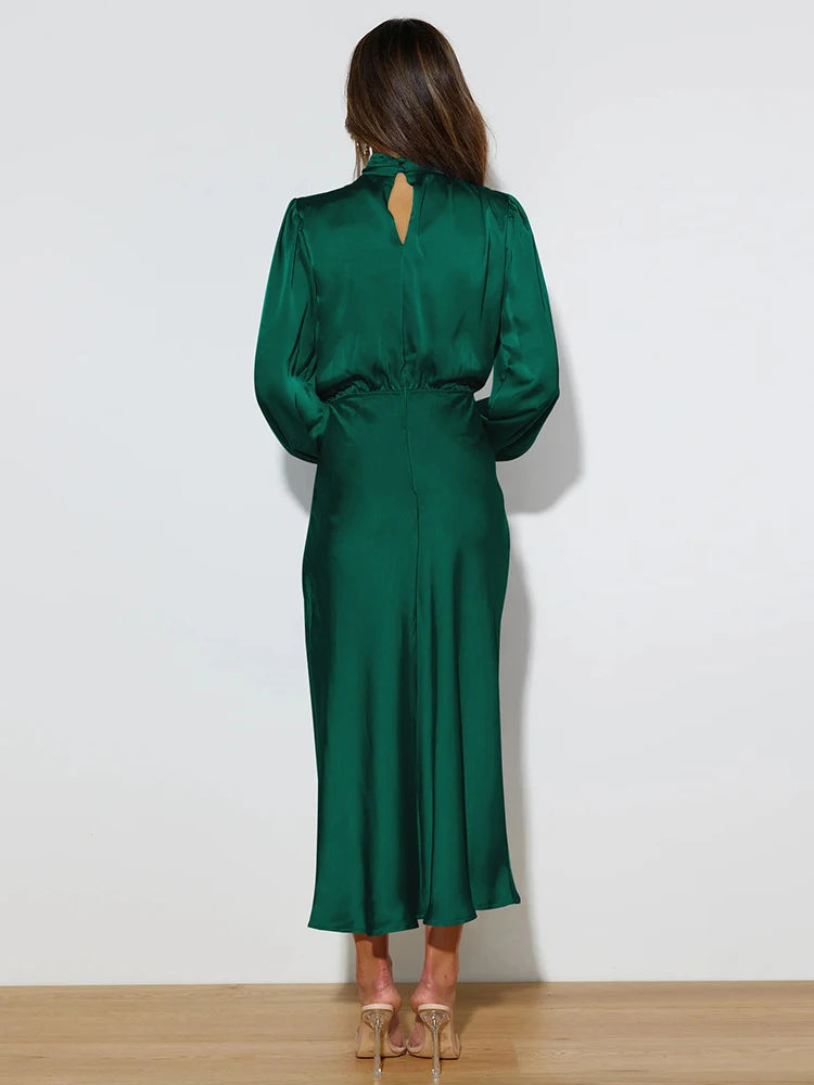 Spring Summer New High-End Satin Long Sleeved Dress Women's Ladylike Elegant Evening Dress Party Clothes Celebrity Dresses