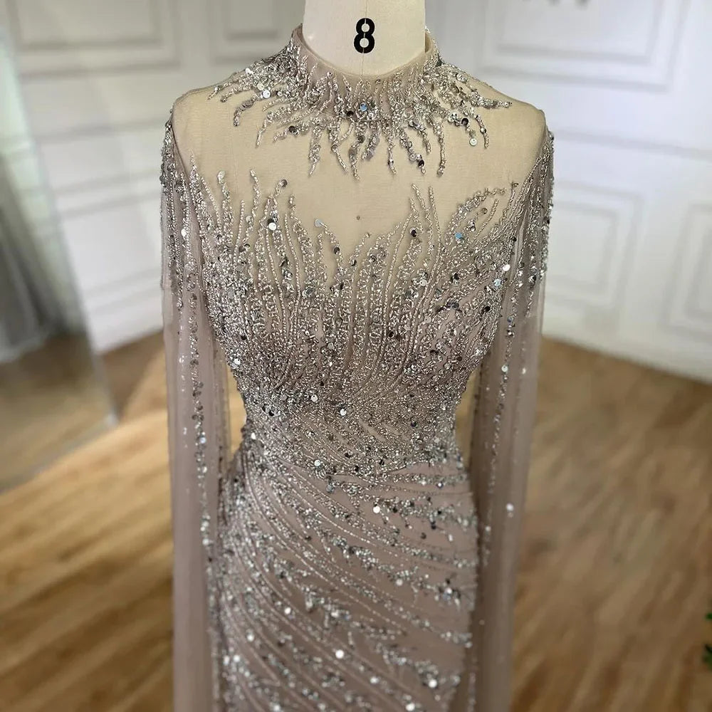 Serene Hill 2024 Nude Cape Sleeves Mermaid Lace Beaded Luxury Dubai Long Evening Dresses Gowns for Women Wedding Party BLA71885A