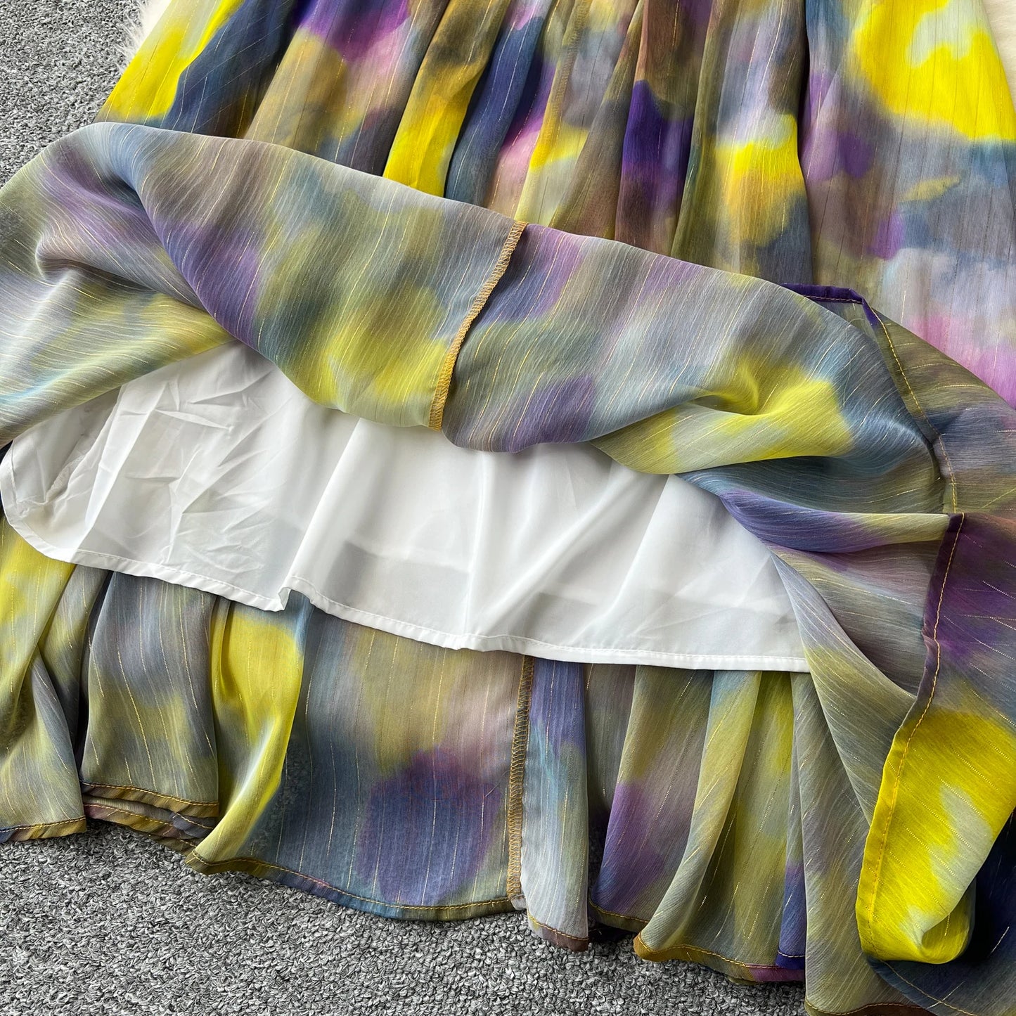 sweet tie dye Lantern Sleeve embroidery o neck chiffon Dress French Party Elegant Summer Sexy Slim Women dresses