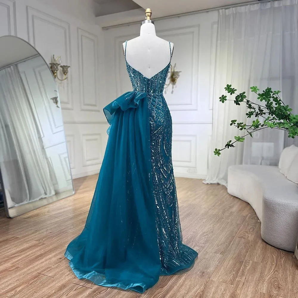 SERENE HILL 2024 Turquoise Spaghetti Strap Luxury Beaded Evening Dresses Mermaid Elegant Overskirt Gown For Women Party GLA72378