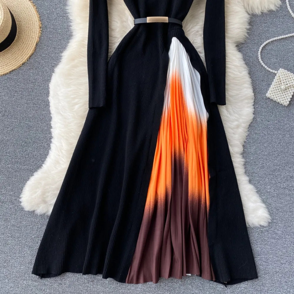 Elegant Chic Pleated Knit Dress French Long Sleeve Party Gothic A-line Vestidos High Waist Basic Slim Women Autumn Winter Dress