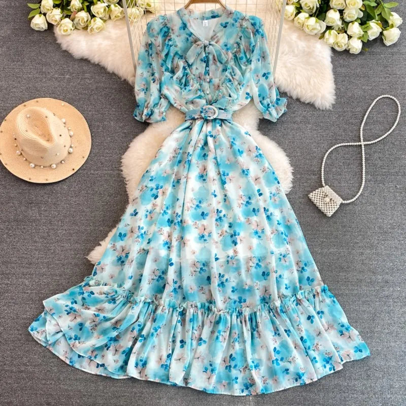 Summer Women Fashion Floral Print Casual Midi Dress Short Sleeve A-Line Maxi Boho Holiday Clothes Female Long Robe Mujers New